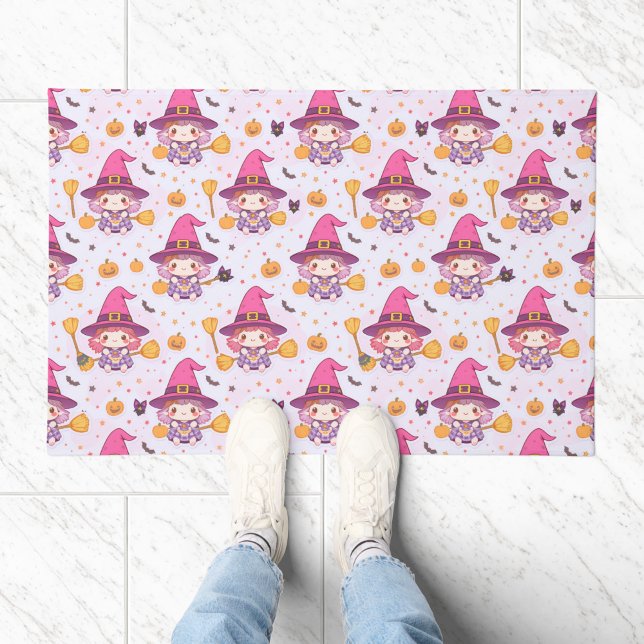 Funny Witch Halloween Pattern with Pumpkins, Bats Doormat (Creator Uploaded)