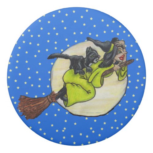 Funny Witch Holding Hat Flying on Broom Cat Stars Eraser