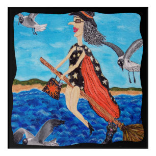 Funny Witch in Bathing Suit Beach Seagulls Acrylic Print