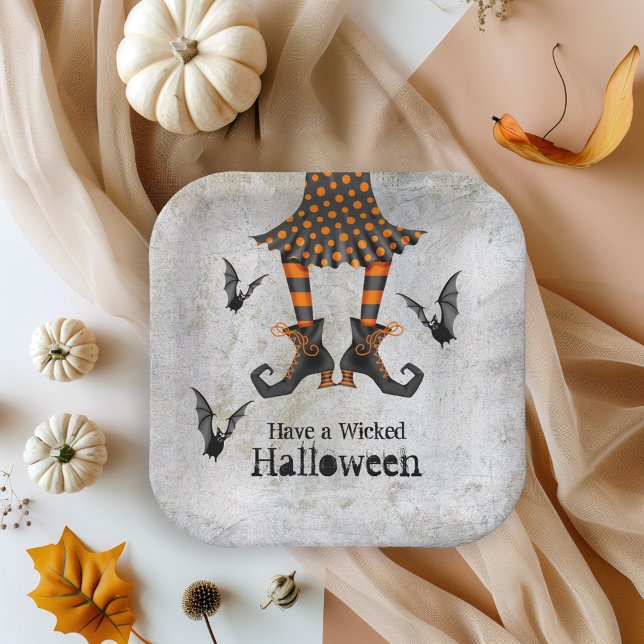 Funny Witch Legs and Bats Wicked Halloween Party Paper Plates (Plates available in 7" diameter and 9" diameter sizes.)
