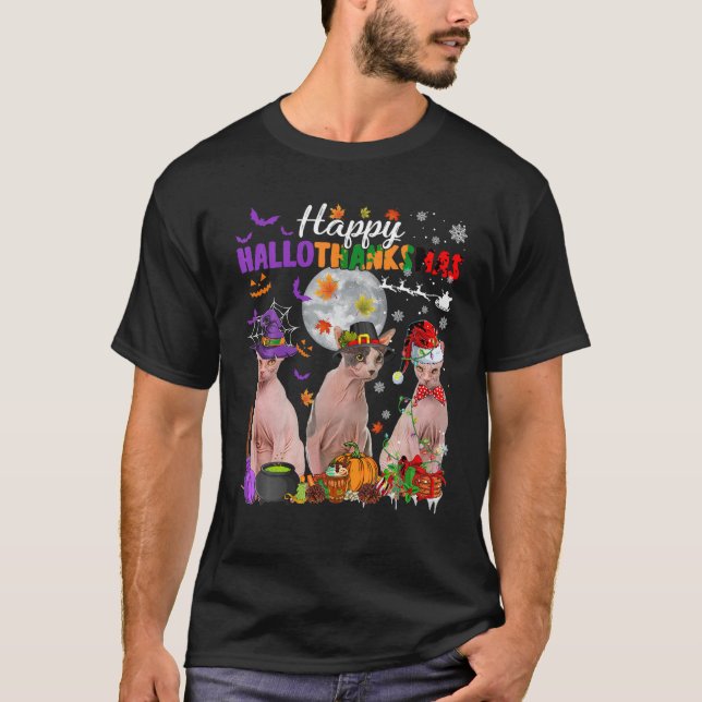 Funny Witch Pilgrim Santa Sphynx Cats Happy HalloT T-Shirt (Front)