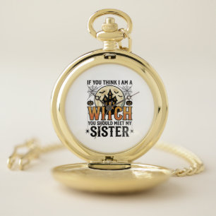 Funny Witch Sister Halloween Vintage Graphic_1 Pocket Watch