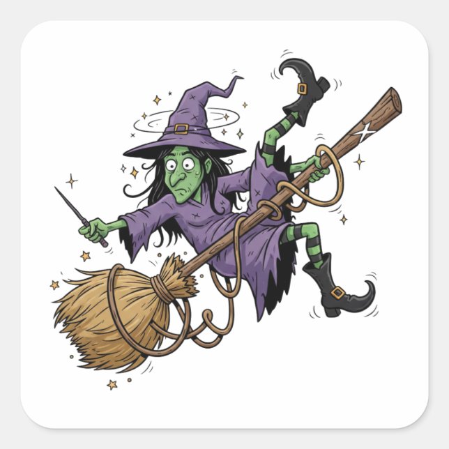 Funny Witch Tangled On Broom Art Sticker (Front)