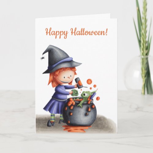 Funny Witch with Cauldron and frog Halloween Card