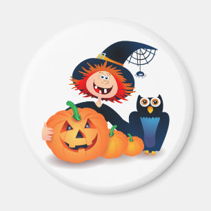 Funny witch with owl and pumpkins, magnet