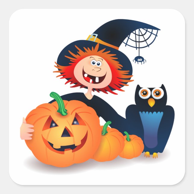 Funny witch with owl and pumpkins, sticker (Front)