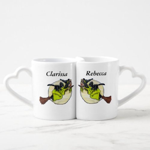 Funny Witches Flying on Brooms Black Cats Moon Coffee Mug Set