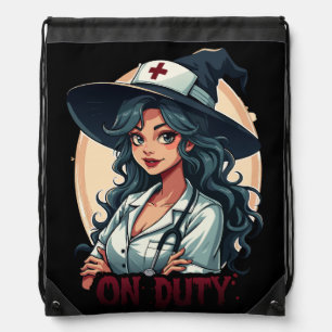 Funny Witchy Nurse On Duty Drawstring Bag