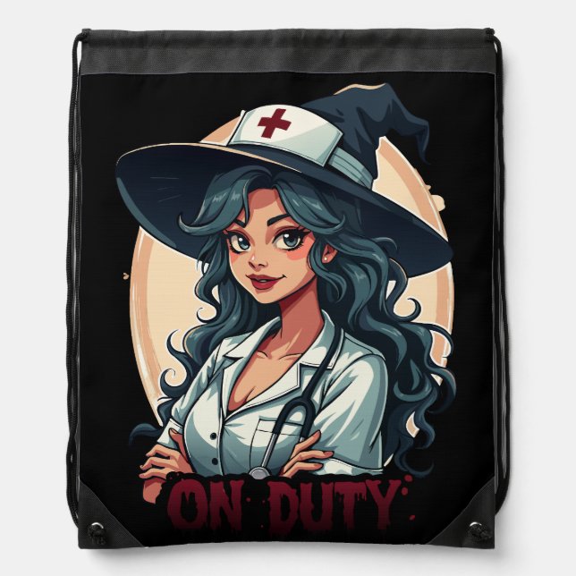 Funny Witchy Nurse On Duty Drawstring Bag (Front)