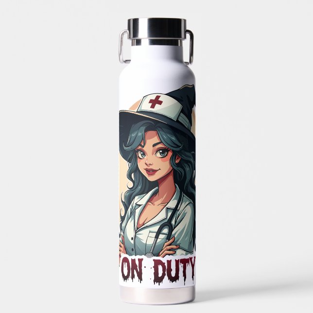 Funny Witchy Nurse On Duty Water Bottle (Front)