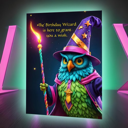 Funny Wizard Owl Grants Magic Birthday Wish Bright Card