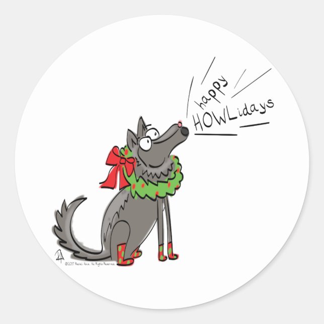 Funny Wolf Christmas Happy Howlidays Holiday Classic Round Sticker (Front)