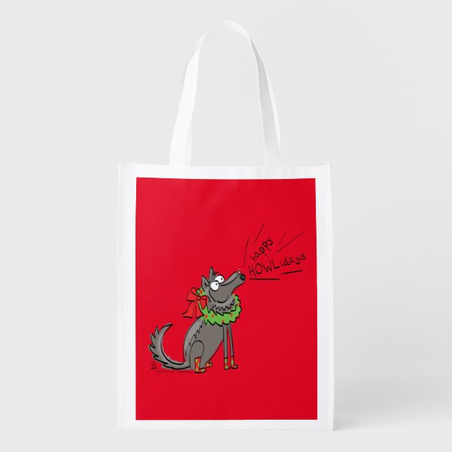 Funny Wolf Christmas Happy Howlidays Holiday Grocery Bag (Front)
