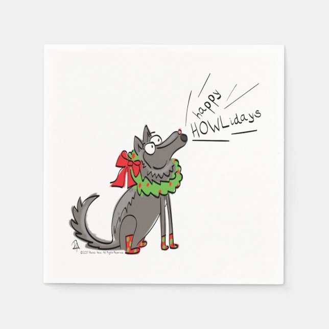 Funny Wolf Christmas Happy Howlidays Holiday Napkins (Front)