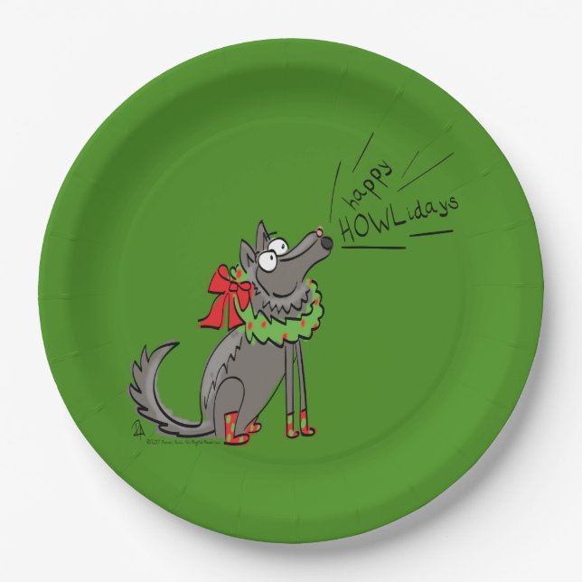 Funny Wolf Christmas Happy Howlidays Holiday Paper Plates (Front)