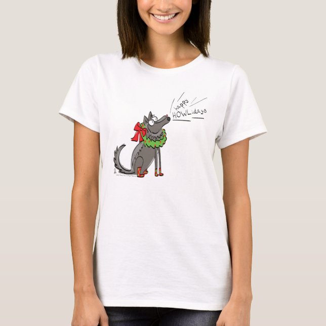 Funny Wolf Christmas Happy Howlidays Holiday T-Shirt (Front)