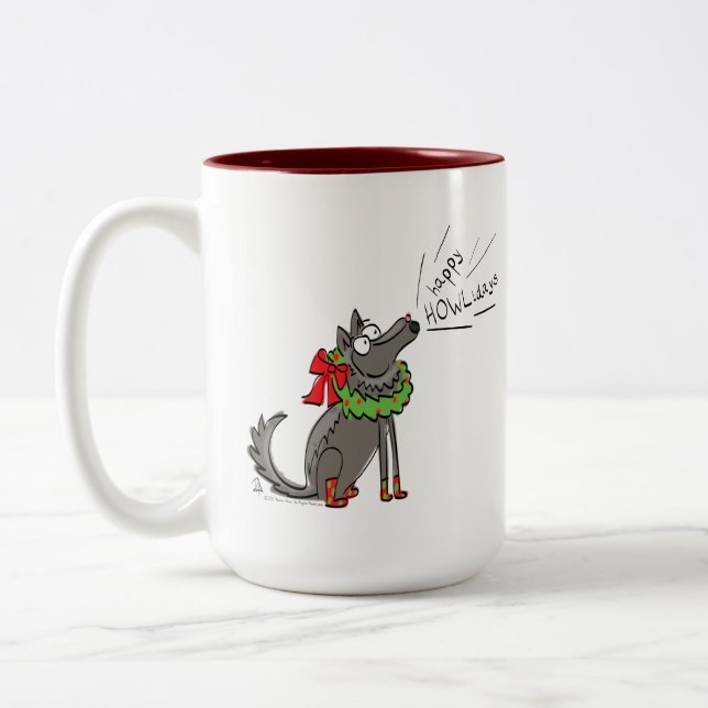 Funny Wolf Christmas Happy Howlidays Holiday Two-Tone Coffee Mug (Left)