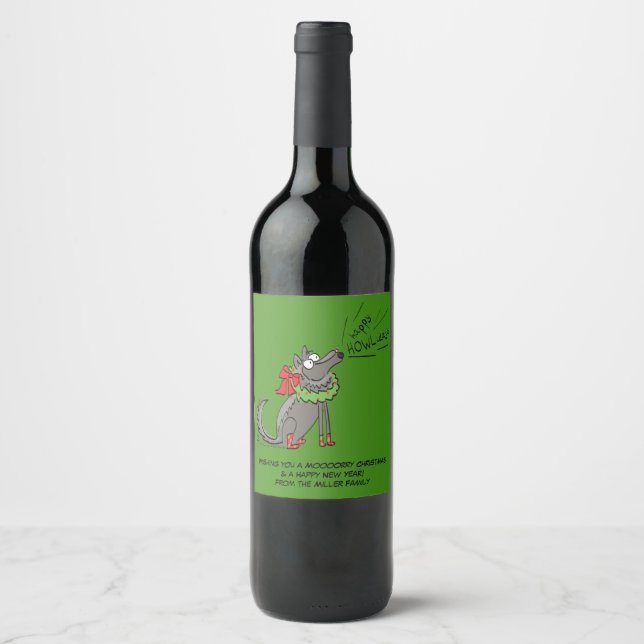 Funny Wolf Christmas Happy Howlidays Holiday Wine Label (Front)