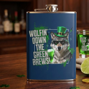 Funny Wolfin Down Green Brews St Patricks Day Flask