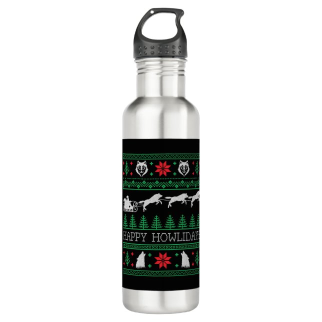 Funny Wolves Wolf Lover Ugly Christmas Sweater Stainless Steel Water Bottle (Front)