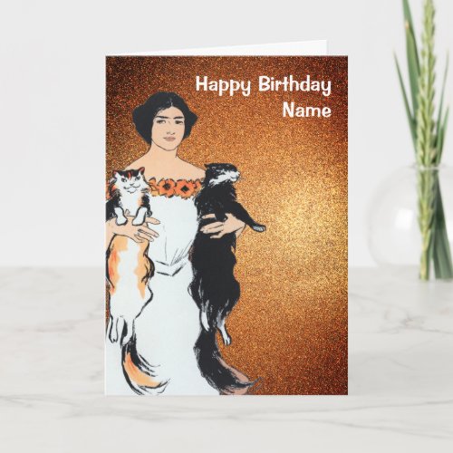 Funny Woman and Cats Gold Glitter Birthday Card