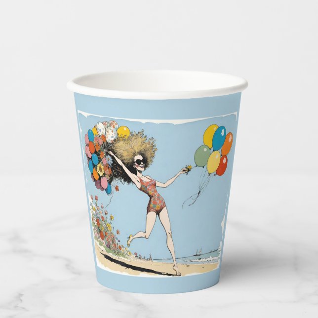 Funny Woman Being Pulled by Balloons Fun Paper Cups (Front)