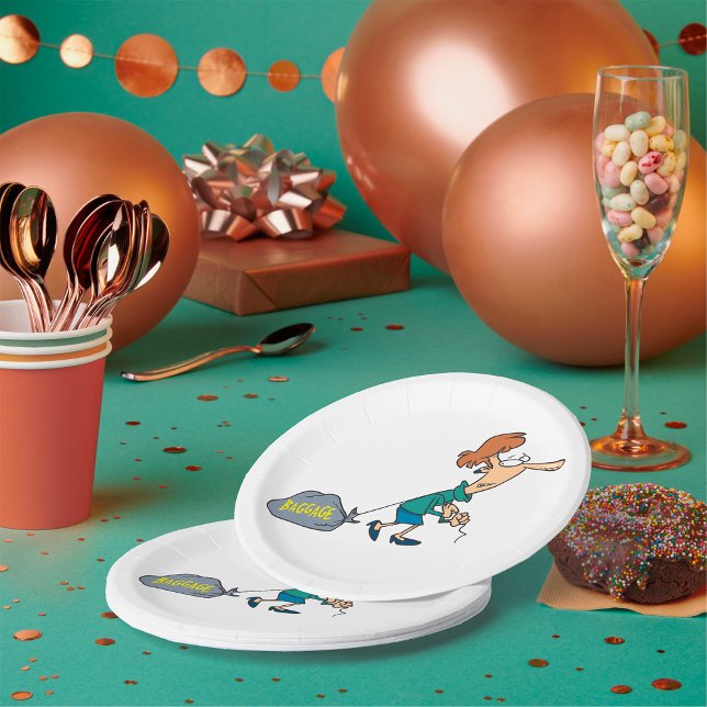 Funny Woman Carrying Emotional Baggage Paper Plates (Creator Uploaded)