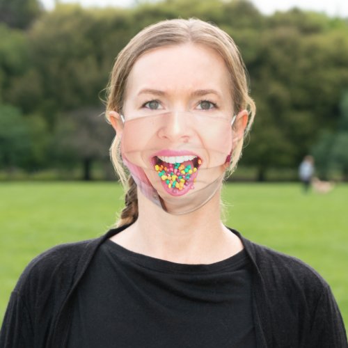 funny woman happy eating candy tongue out adult cloth face mask