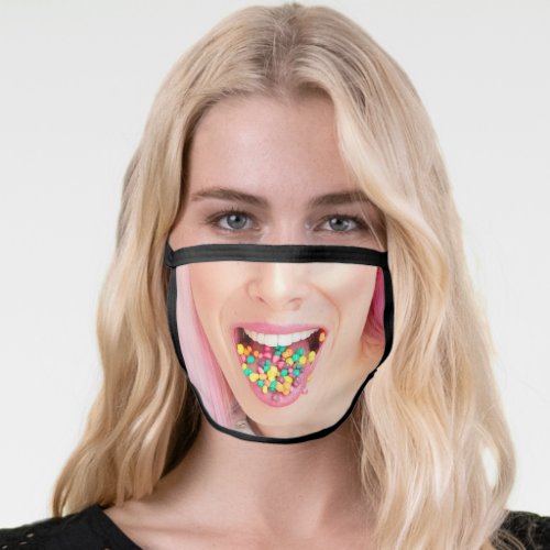 funny woman happy eating candy tongue out face mask