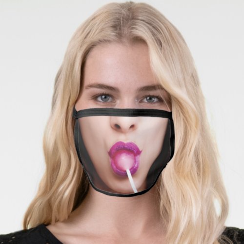 funny woman happy smile eating lollipop lips face mask