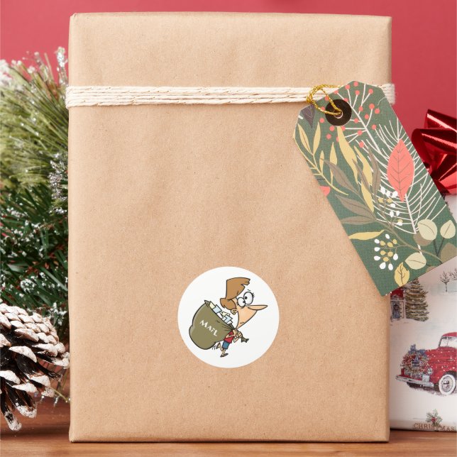 Funny Woman Hauling Heavy Mail Bag Classic Round Sticker (Holiday)