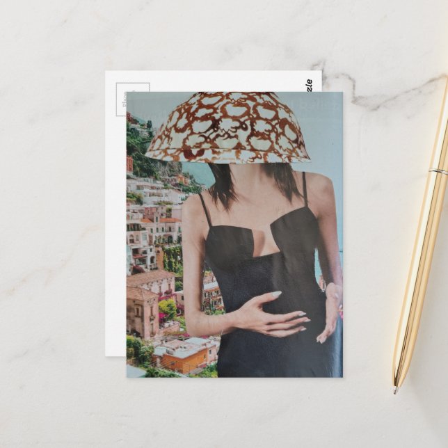 Funny Woman with Bowl on Her Head surreal collage Postcard (Front/Back In Situ)
