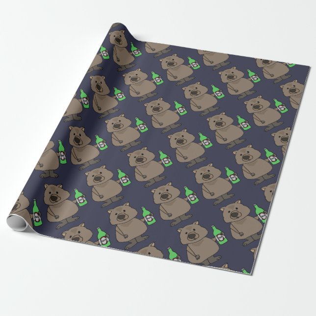 Funny Wombat Drinking Bottle of Beer Cartoon Wrapping Paper (Unrolled)