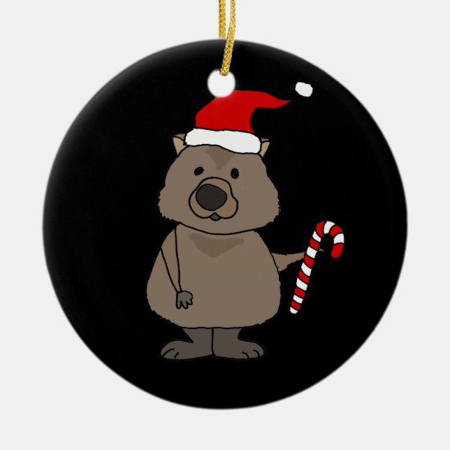 Funny Wombat in Santa Hat Christmas Ceramic Ornament (Front)