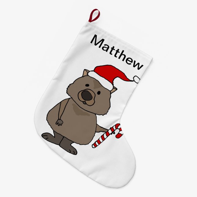 Funny Wombat in Santa Hat Christmas Large Christmas Stocking (Front (Hanging))