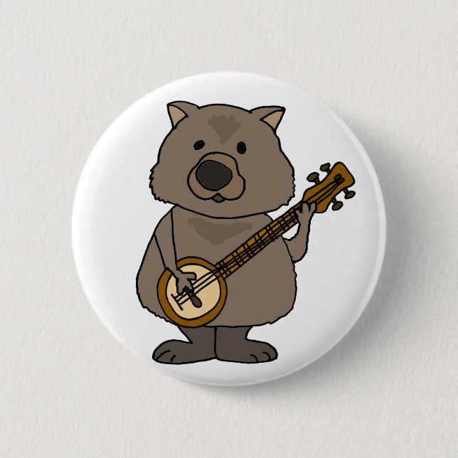 Funny Wombat Playing Banjo Cartoon Button (Front)