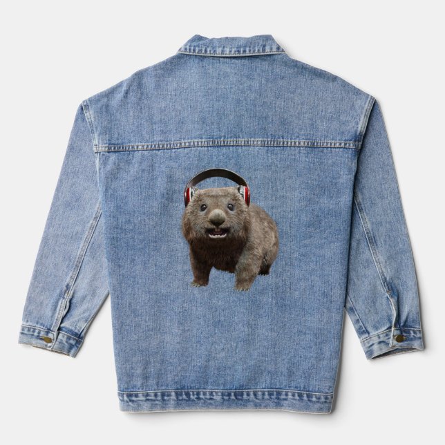 Funny Wombat with headphones Cool Animal Denim Jacket (Back)