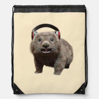 Funny Wombat with headphones Cool Animal Drawstring Bag
