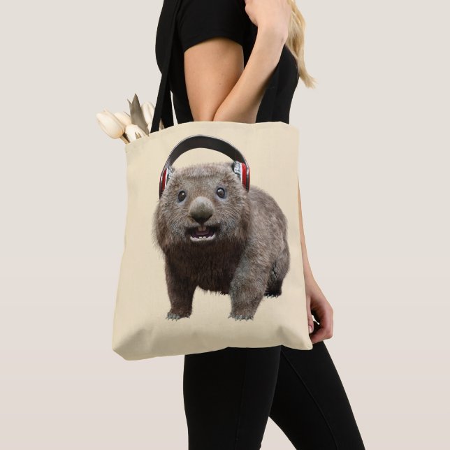 Funny Wombat with headphones Cool Animal Tote Bag (Close Up)