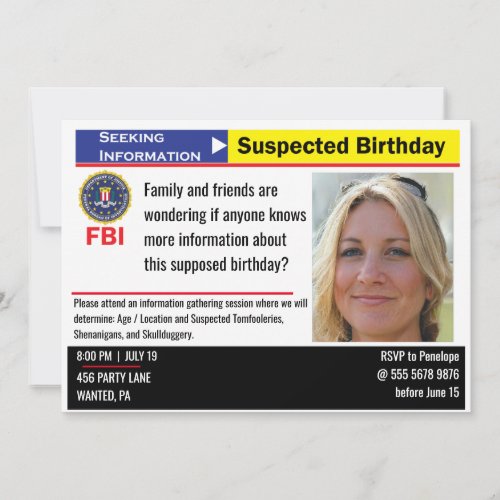 Funny Womens Birthday Suspect Seeking Information Invitation
