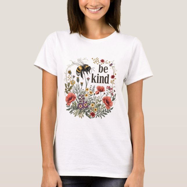 Funny Womens Gift Be Kind Retro Bee & Wildflowers  T-Shirt (Front)