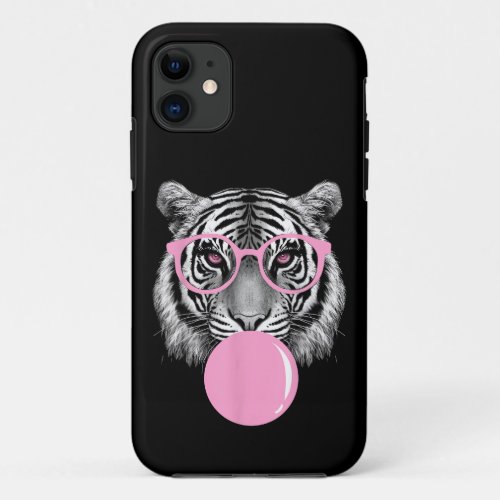 Funny Womens Tiger Glasses  Pink Bubble Gum Anim iPhone 11 Case