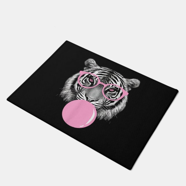 Funny Women's Tiger Glasses & Pink Bubble Gum Anim Doormat (Angled)
