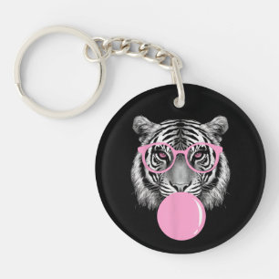Funny Women's Tiger Glasses & Pink Bubble Gum Anim Keychain