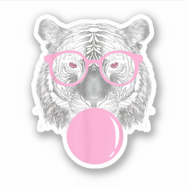 Funny Women's Tiger Glasses & Pink Bubble Gum Anim Sticker (Front)