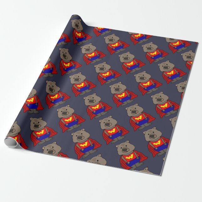 Funny Wonder Wombat Superhero Cartoon Art Wrapping Paper (Unrolled)