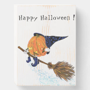 Funny Wood Box Sign Halloween Witch Pumpkin Flying