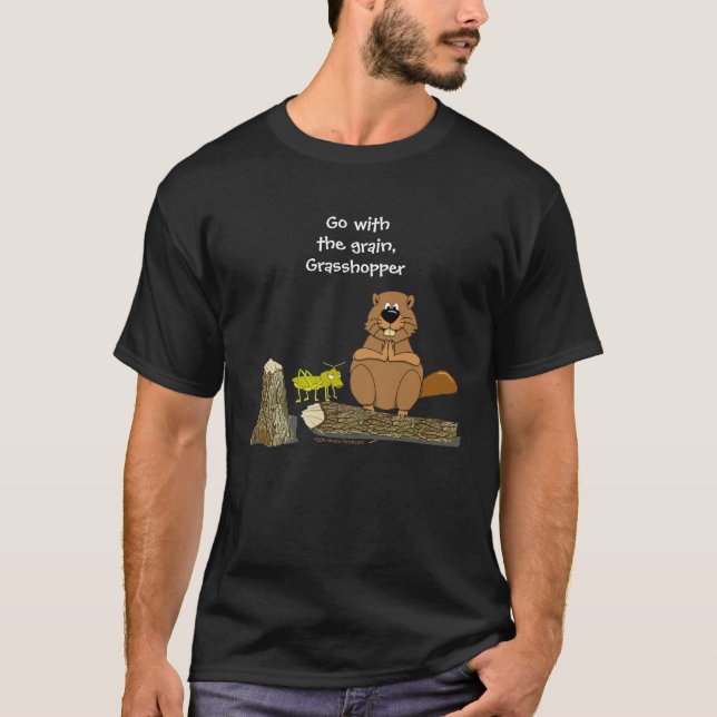 Funny Wood Turning Beaver and Grasshopper Cartoon T-Shirt (Front)
