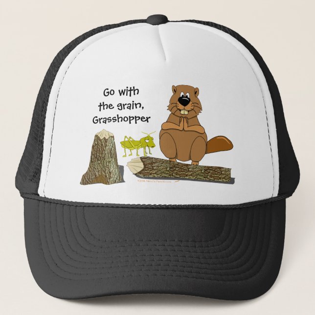 Funny Wood Turning Beaver and Grasshopper Cartoon Trucker Hat (Front)