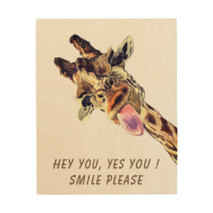 Funny Wood Wall Art with Playful Giraffe - Smile